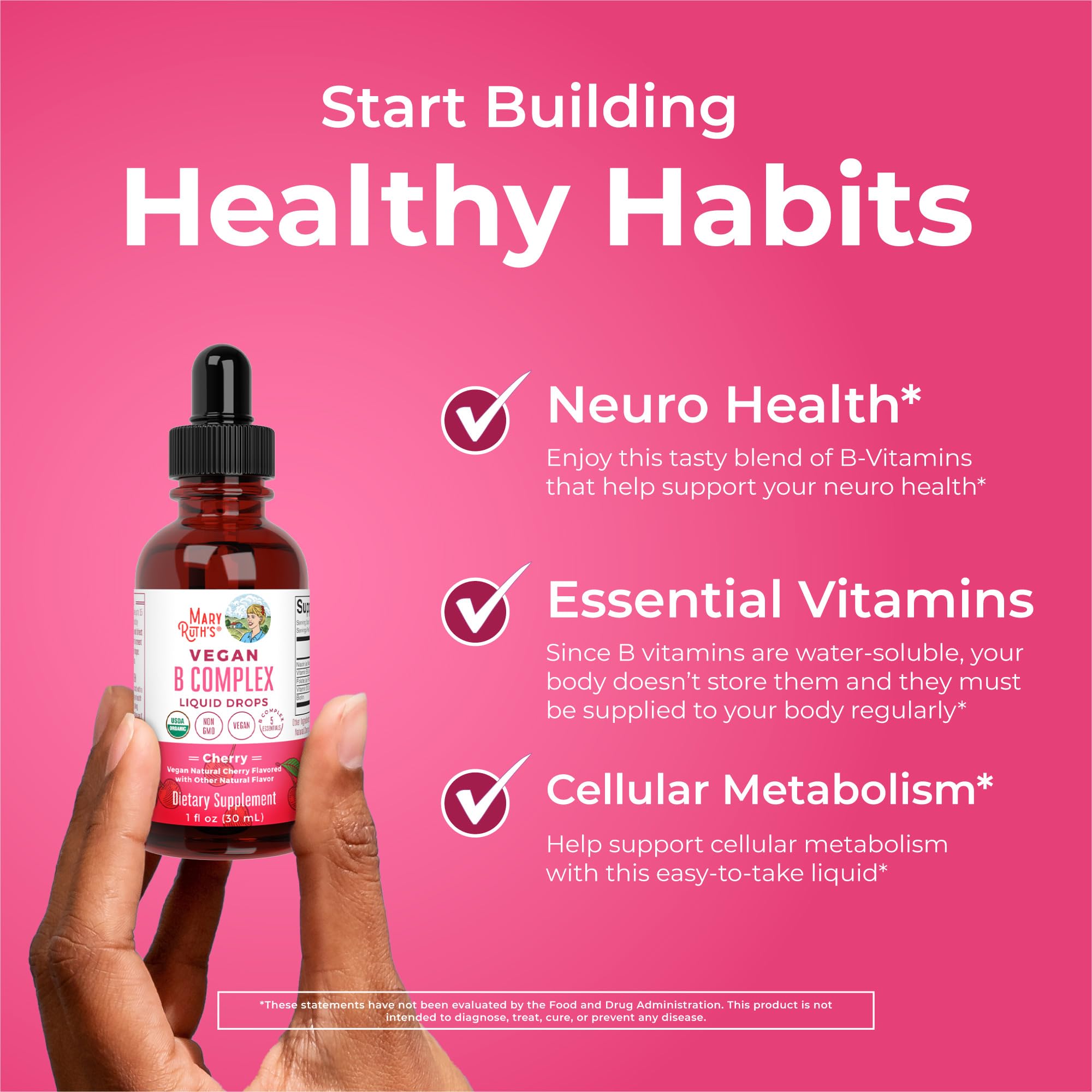 MaryRuth Organics B Complex cherry flavor bottle ready for daily use