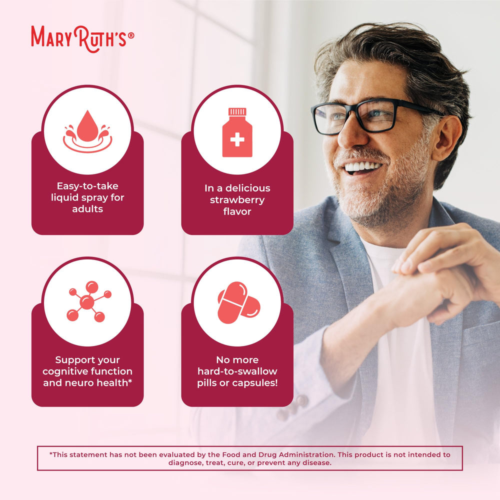 Dosing directions illustrate two-spray daily intake for adults.