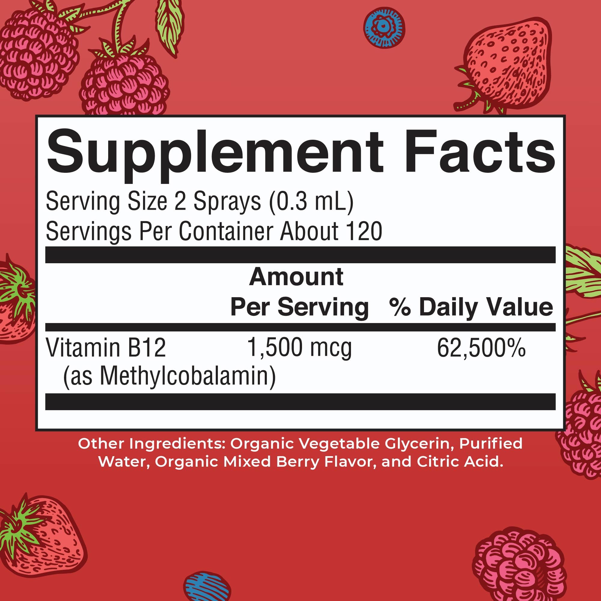 MaryRuth Organics B12 spray packaging highlighting USDA Organic and vegan credentials.
