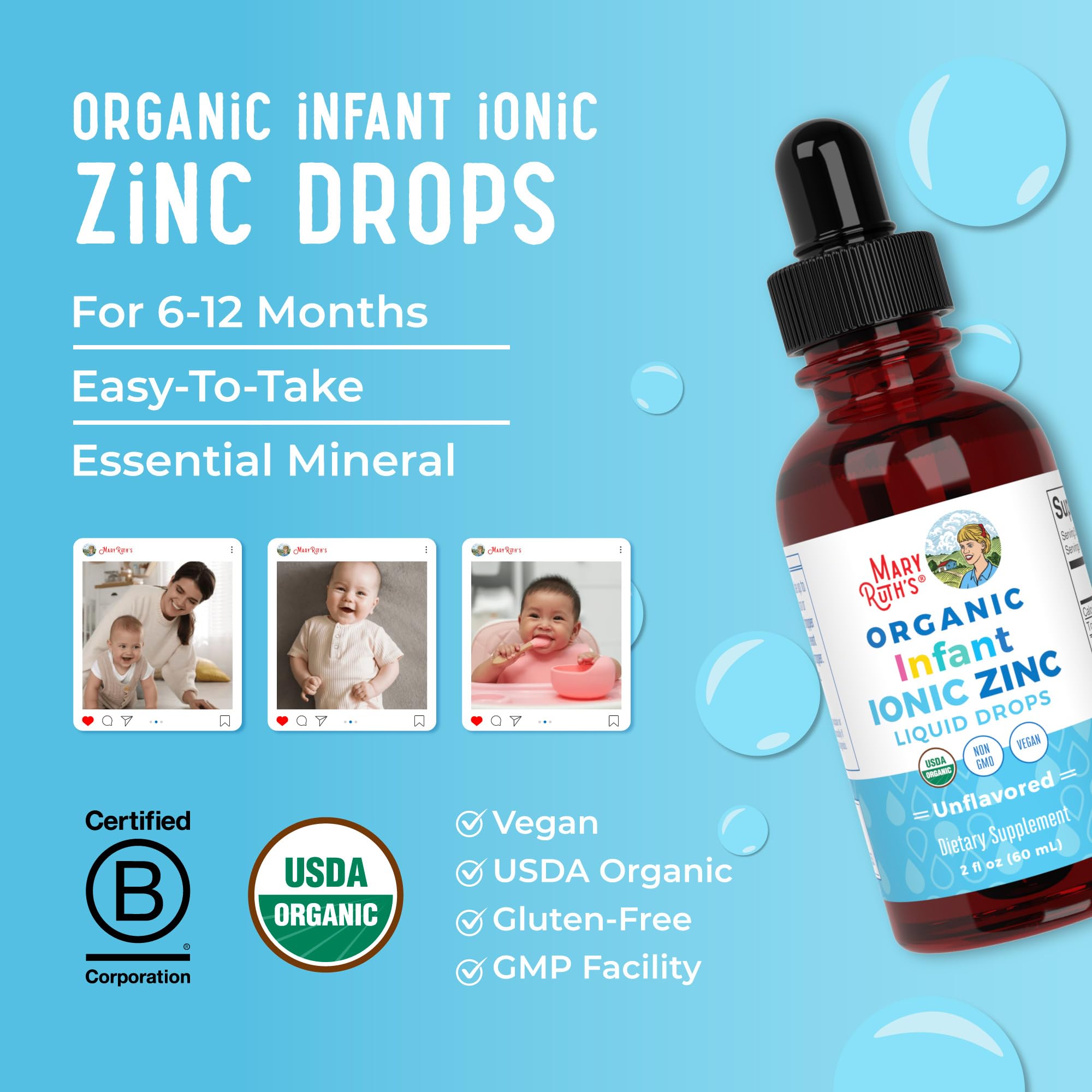 MaryRuth Organics baby feeding scene with easy zinc dosing.