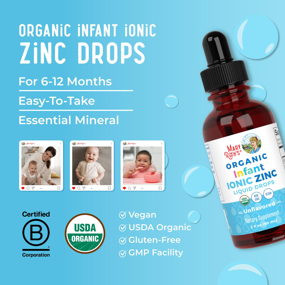 MaryRuth Organics baby feeding scene with easy zinc dosing.
