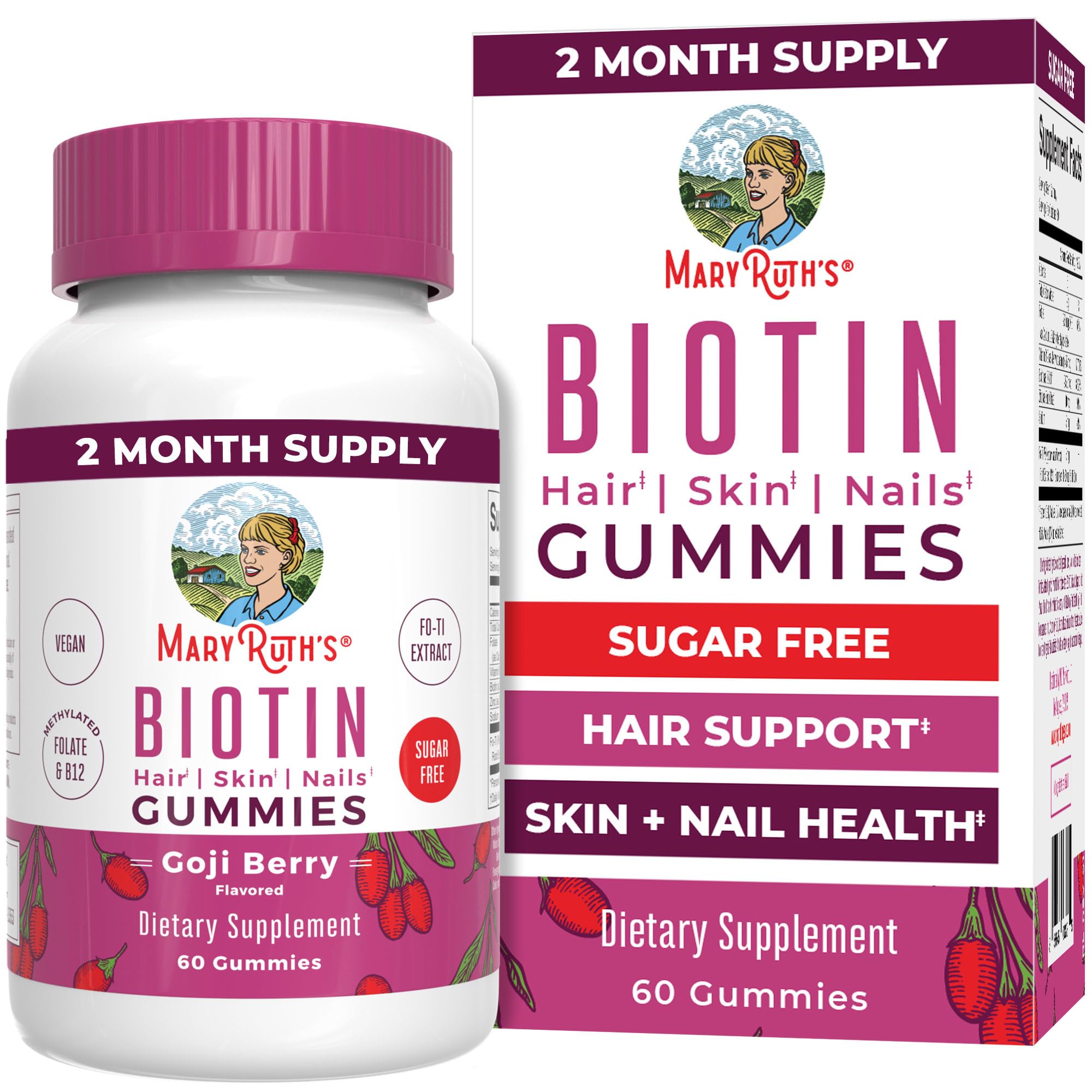 MaryRuth Organics Biotin Gummies bottle shown for daily hair and nails support.