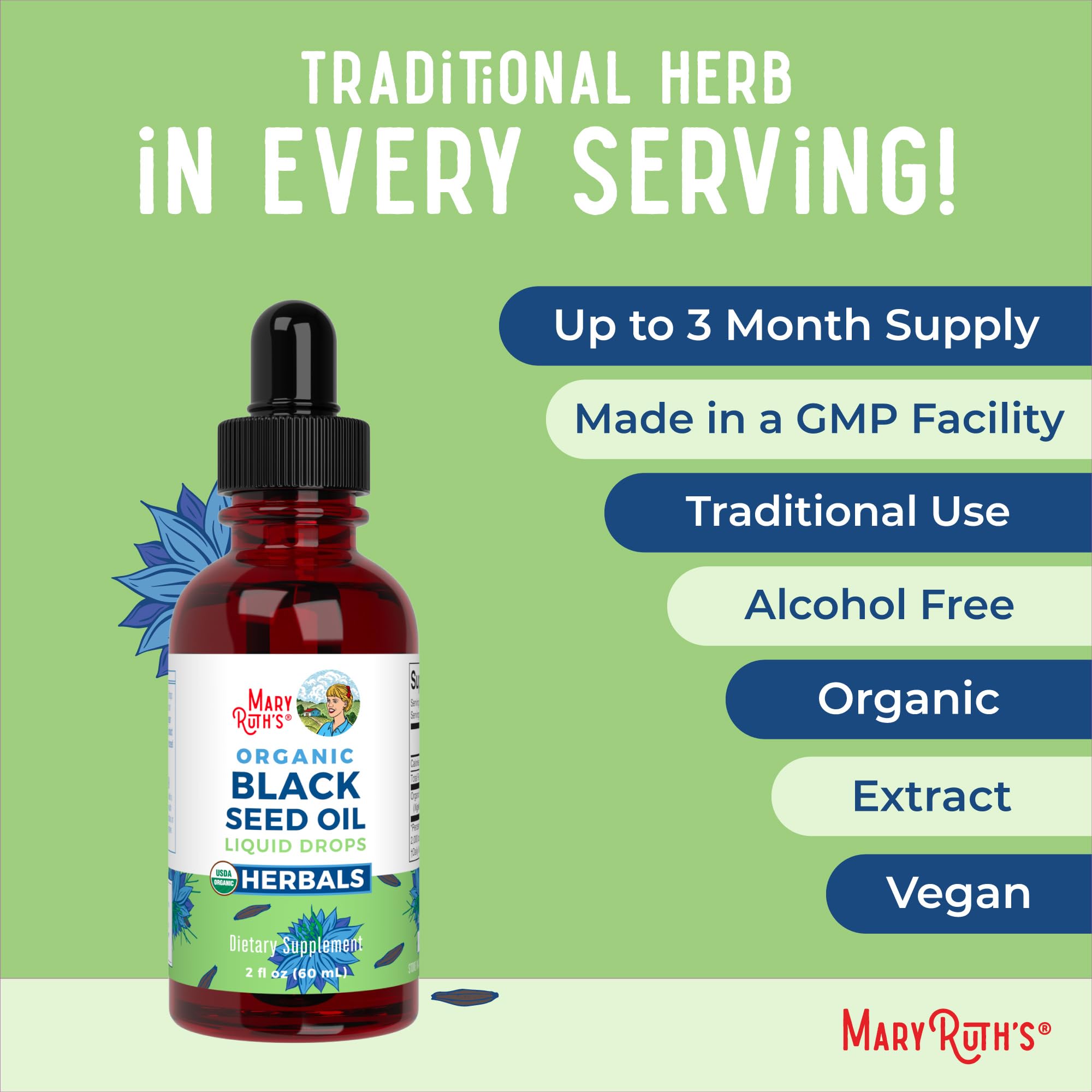 MaryRuth Organics Black Seed Oil pour showing the amber oil and aroma.