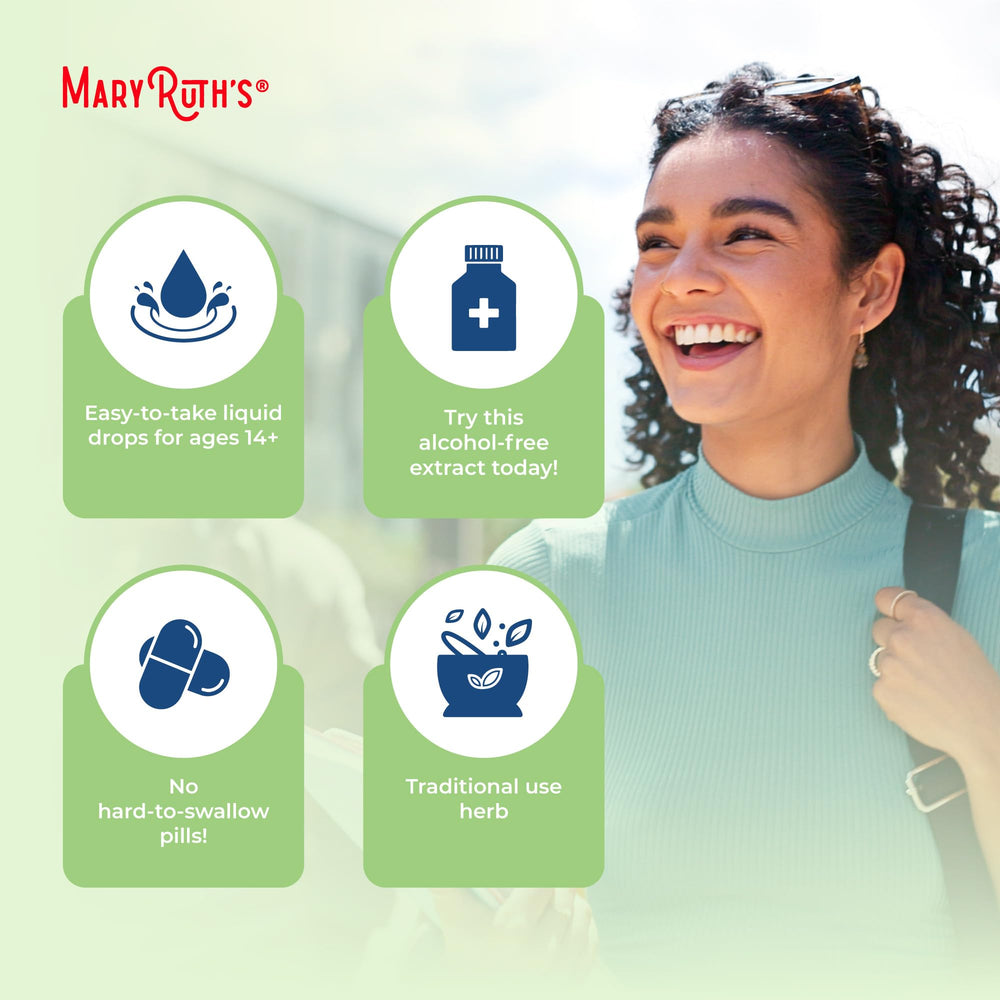 MaryRuth Organics Black Seed Oil vegan and non-GMO badges highlighted.