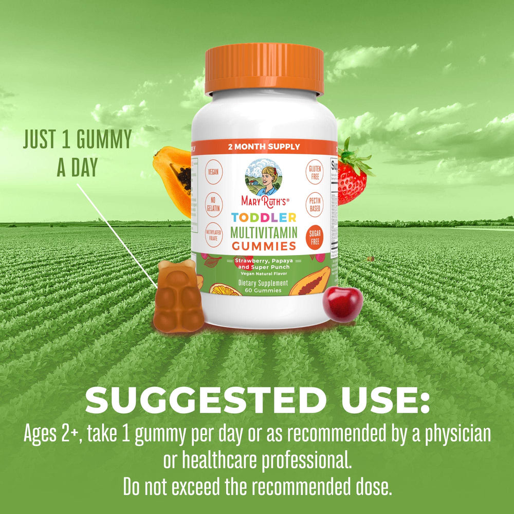 MaryRuth Organics bottle with spoon, easy one gummy per day serving