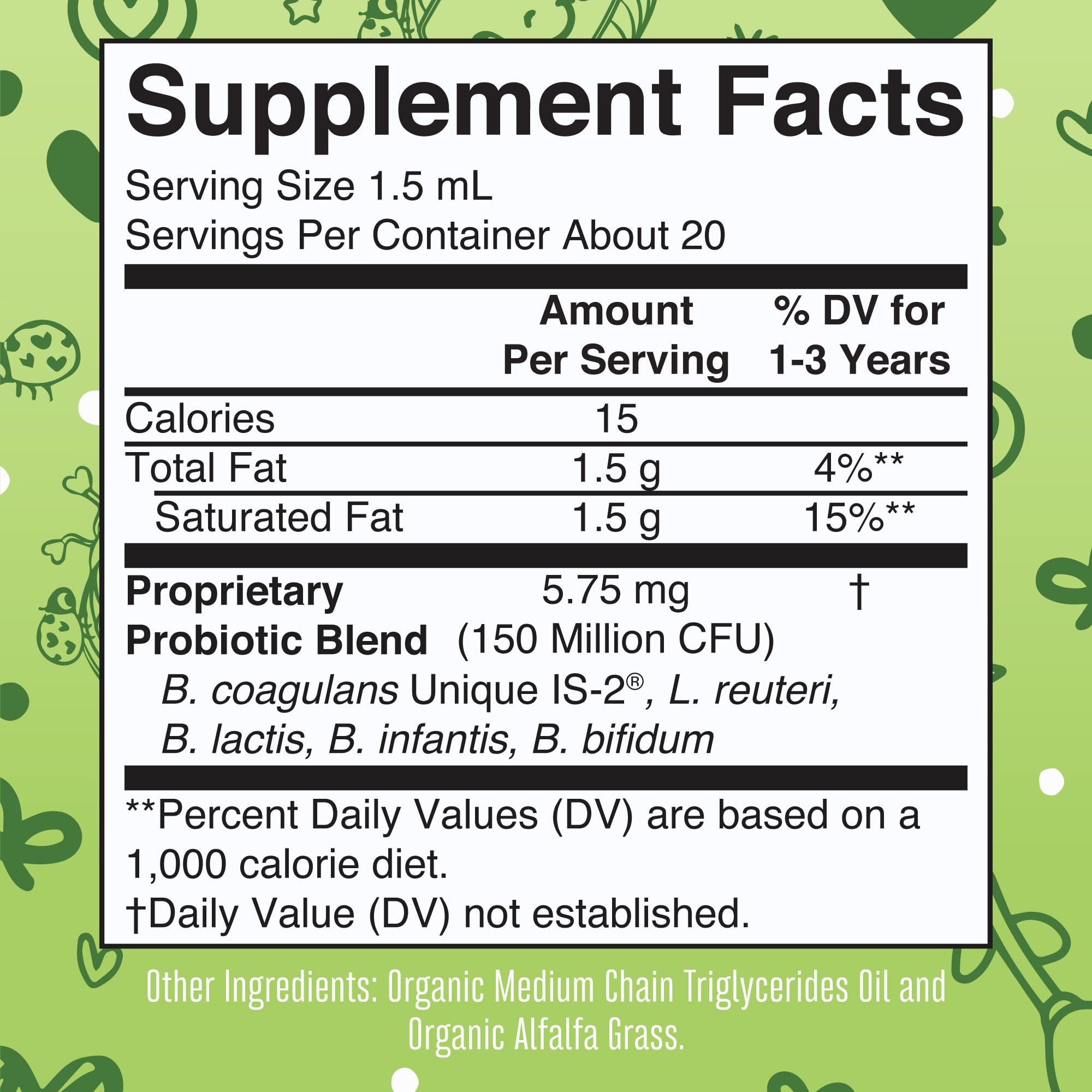 MaryRuth Organics cocomelon probiotic bottle side—ingredient highlights.