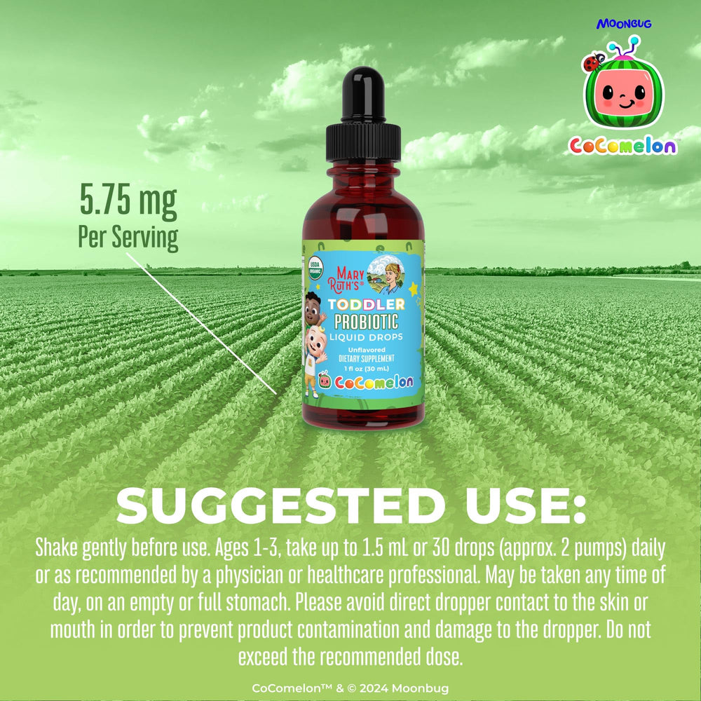 MaryRuth Organics cocomelon probiotic dropper—shake gently before use.