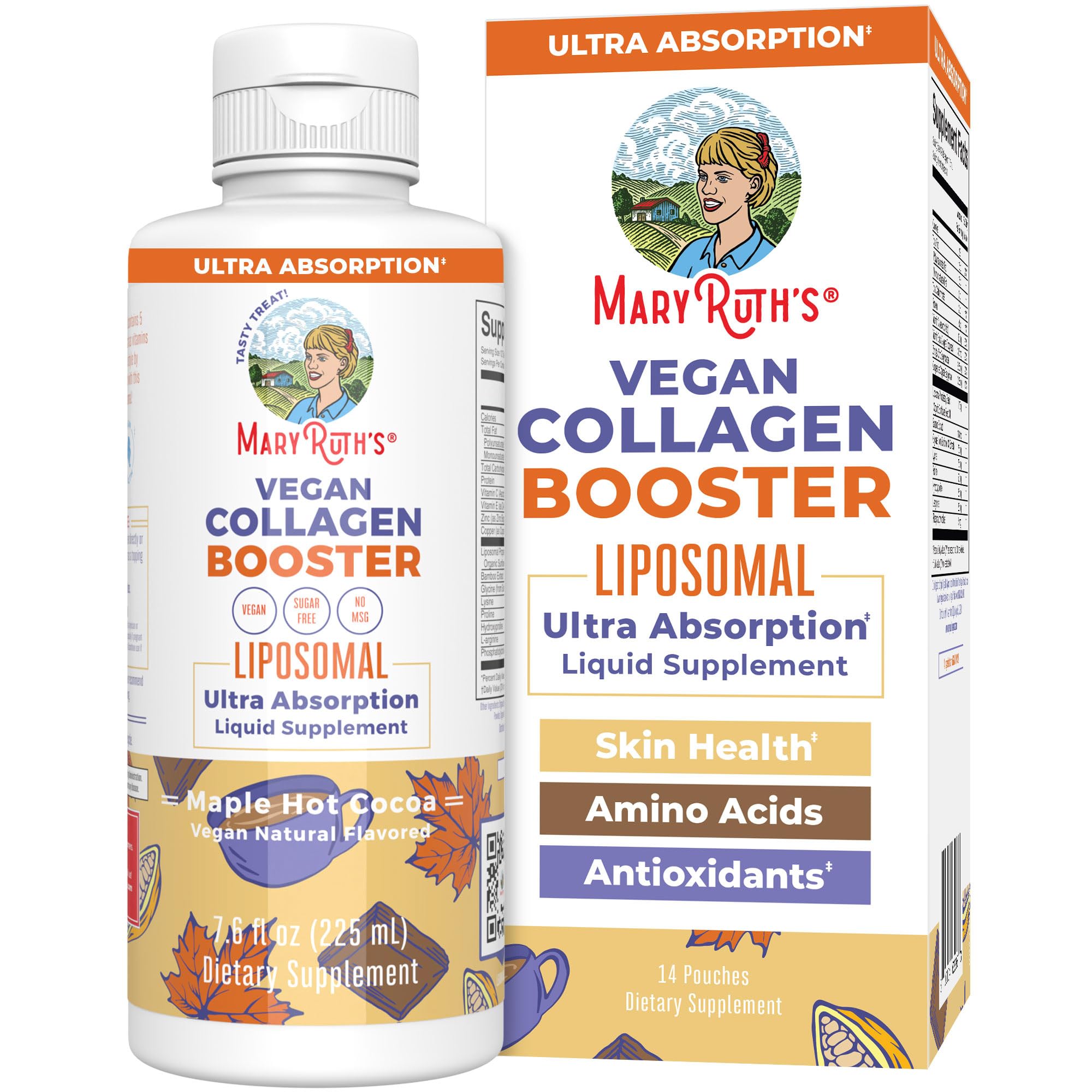 MaryRuth Organics Collagen Booster Liposomal bottle on counter, vegan support for skin.