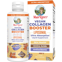 MaryRuth Organics Collagen Booster Liposomal bottle on counter, vegan support for skin.