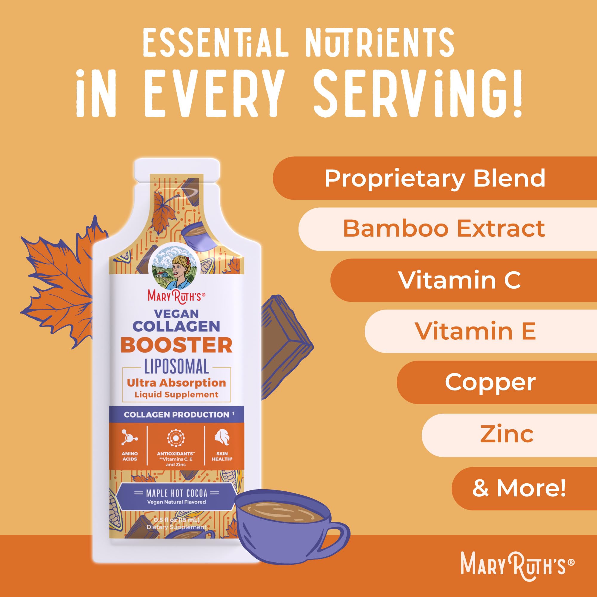 MaryRuth Organics Collagen Booster Liposomal GMP facility badge emphasizing quality