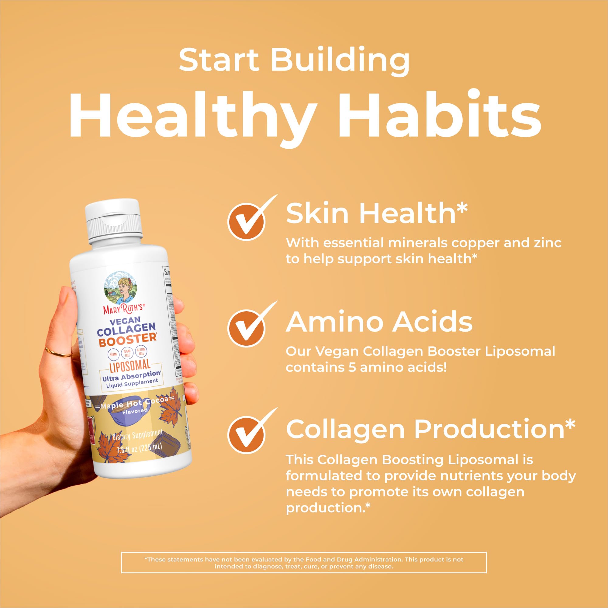 MaryRuth Organics Collagen Booster Liposomal ingredients panel highlights vitamins C and E, minerals.