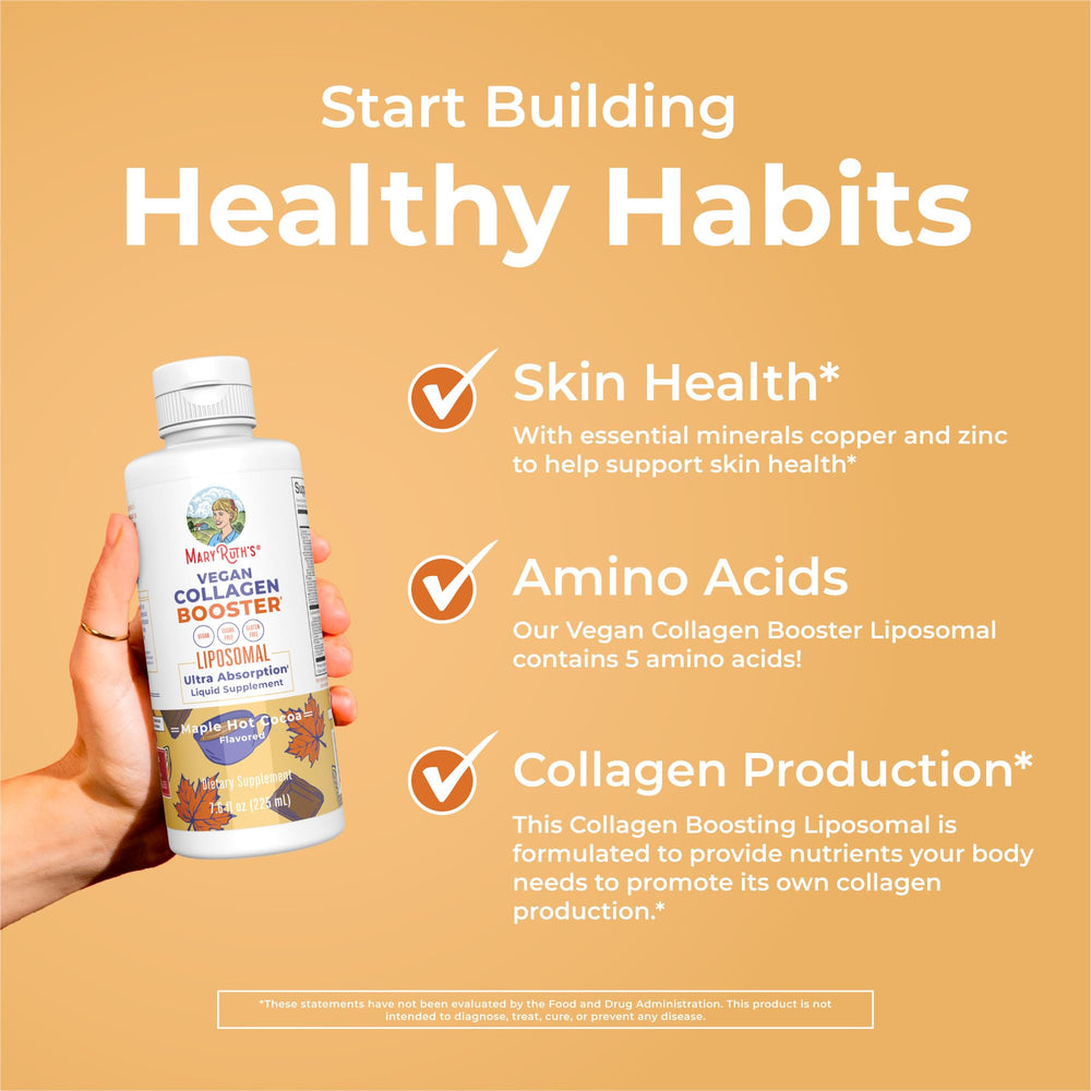 MaryRuth Organics Collagen Booster Liposomal ingredients panel highlights vitamins C and E, minerals.