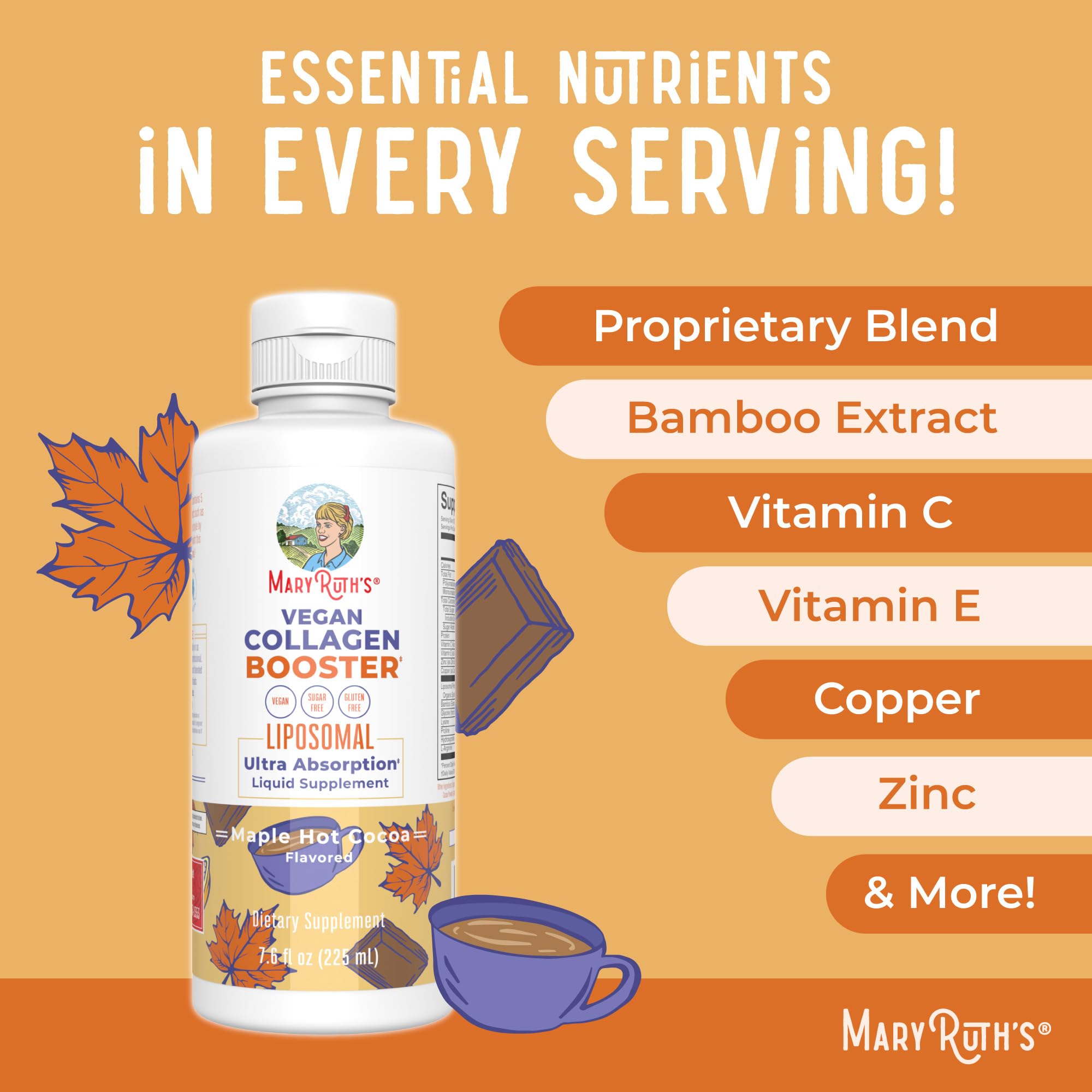 MaryRuth Organics Collagen Booster Liposomal vegan symbol on bottle signals plant-based formula.