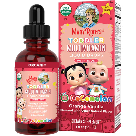 MaryRuth Organics CoComelon toddler multivitamin bottle with kid-friendly design and immune-support nutrients
