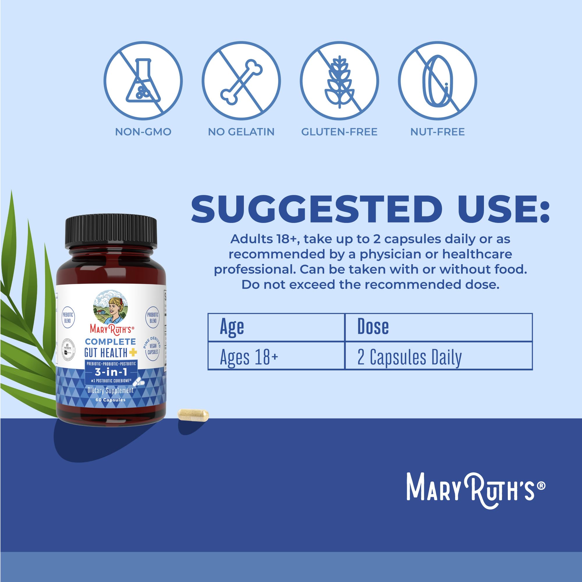 Packaging layout for MaryRuth Complete Gut Health+ emphasizing vegan capsules.
