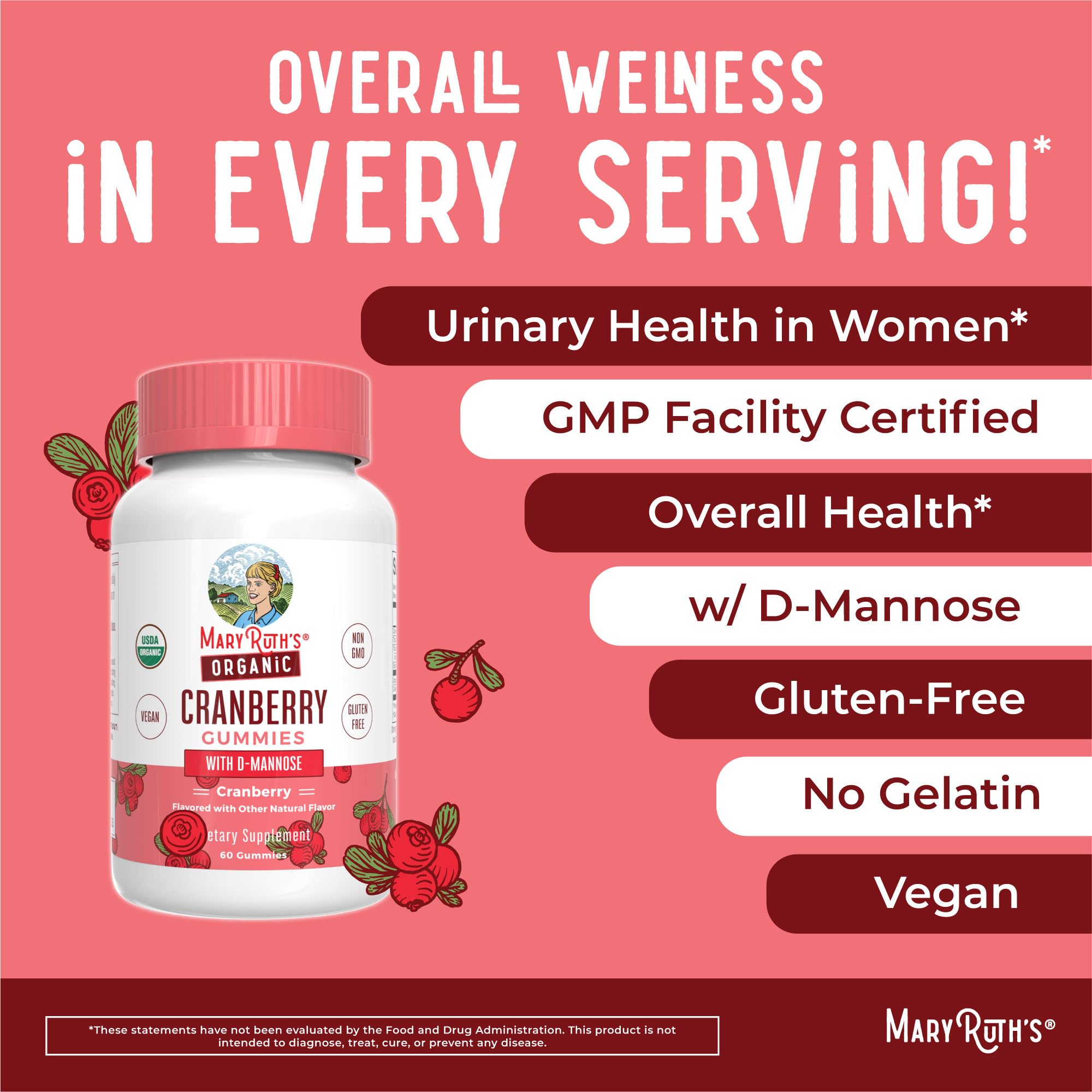 MaryRuth Organics cranberry gummy ingredient close-up showing D-Mannose.