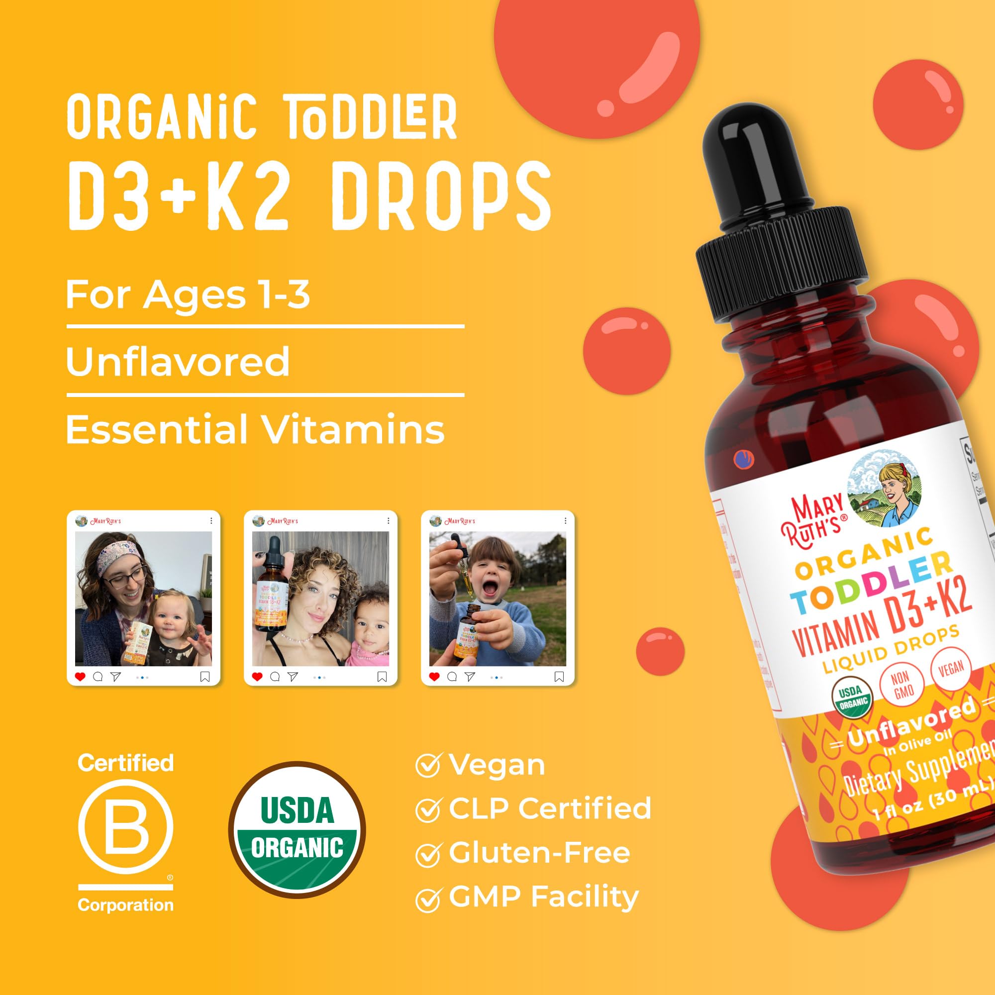 MaryRuth Organics D3+K2 drops clean-label formulation for toddlers.