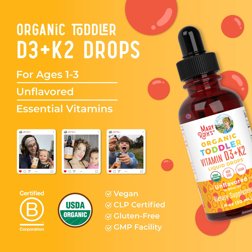 MaryRuth Organics D3+K2 drops clean-label formulation for toddlers.