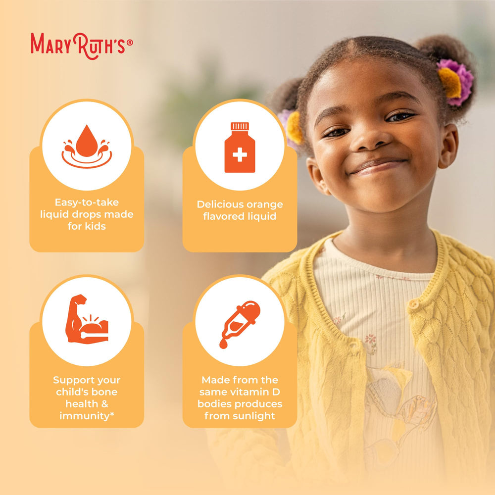 MaryRuth Organics D3 Kids 0.5oz bottle image showing compact, kid-friendly packaging.