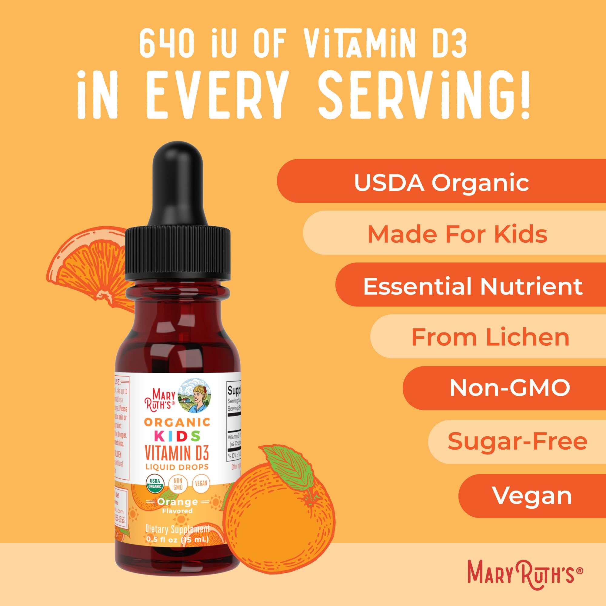 MaryRuth Organics D3 Kids usage-drops close-up demonstrates easy daily dosing.