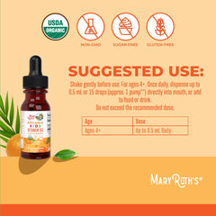MaryRuth Organics D3 Kids label-certifications highlight USDA Organic and vegan status.