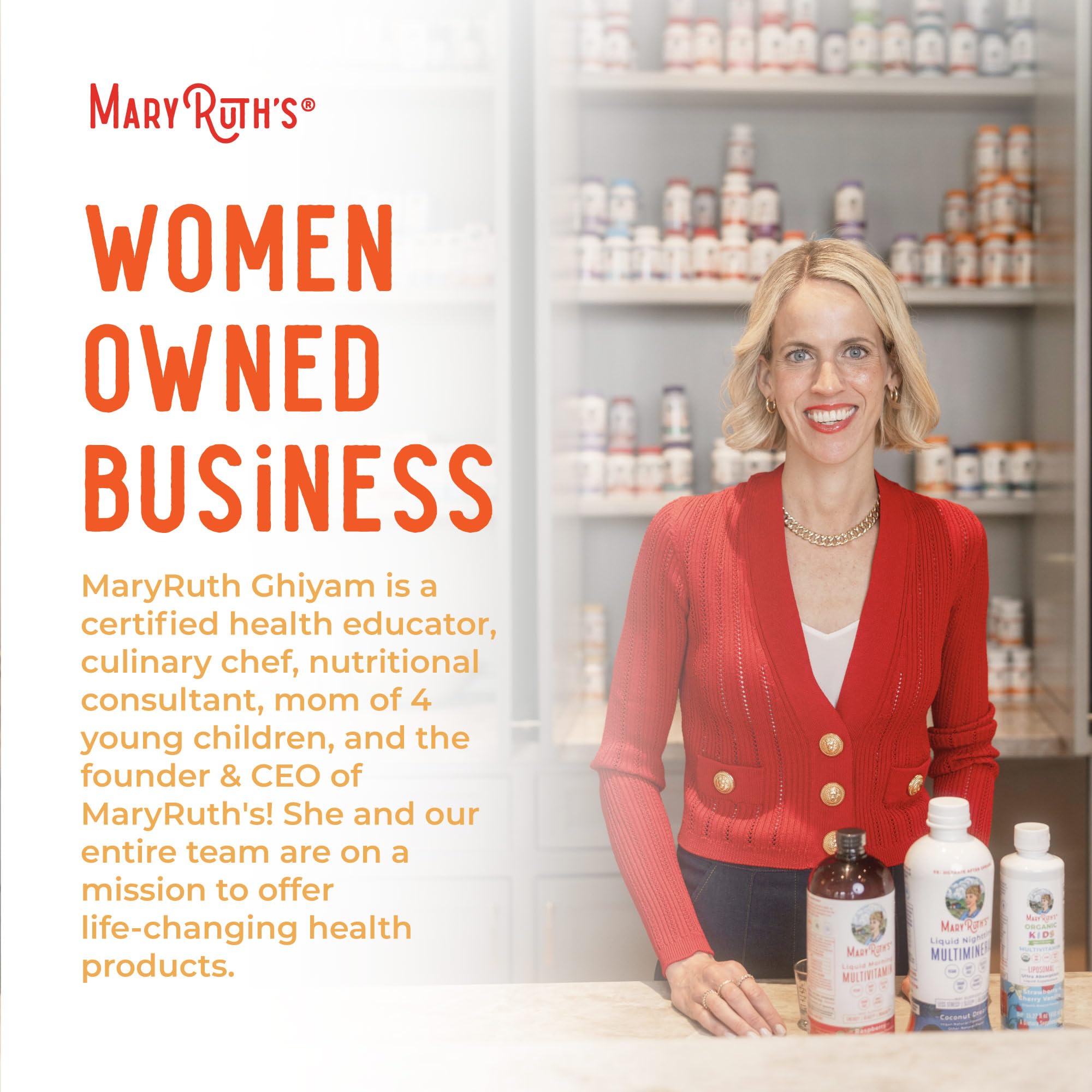 MaryRuth Organics D3 Kids shelf-stable bottle on pantry shelf indicates convenient storage.