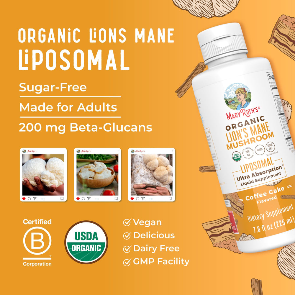 MaryRuth Organics Lions Mane bottle on kitchen shelf for daily use.