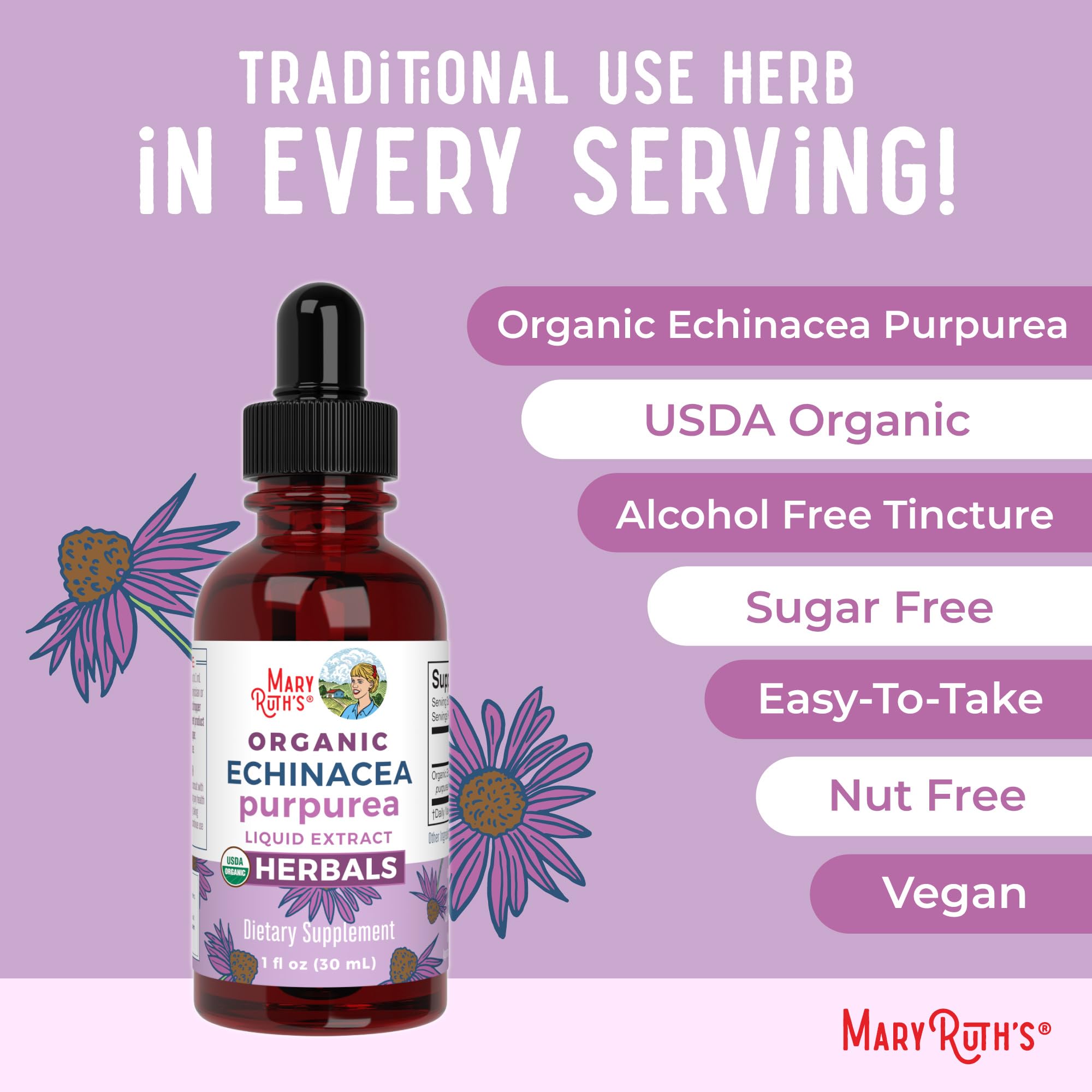 Compact 1 oz bottle of MaryRuth Organics Echinacea liquid drops.
