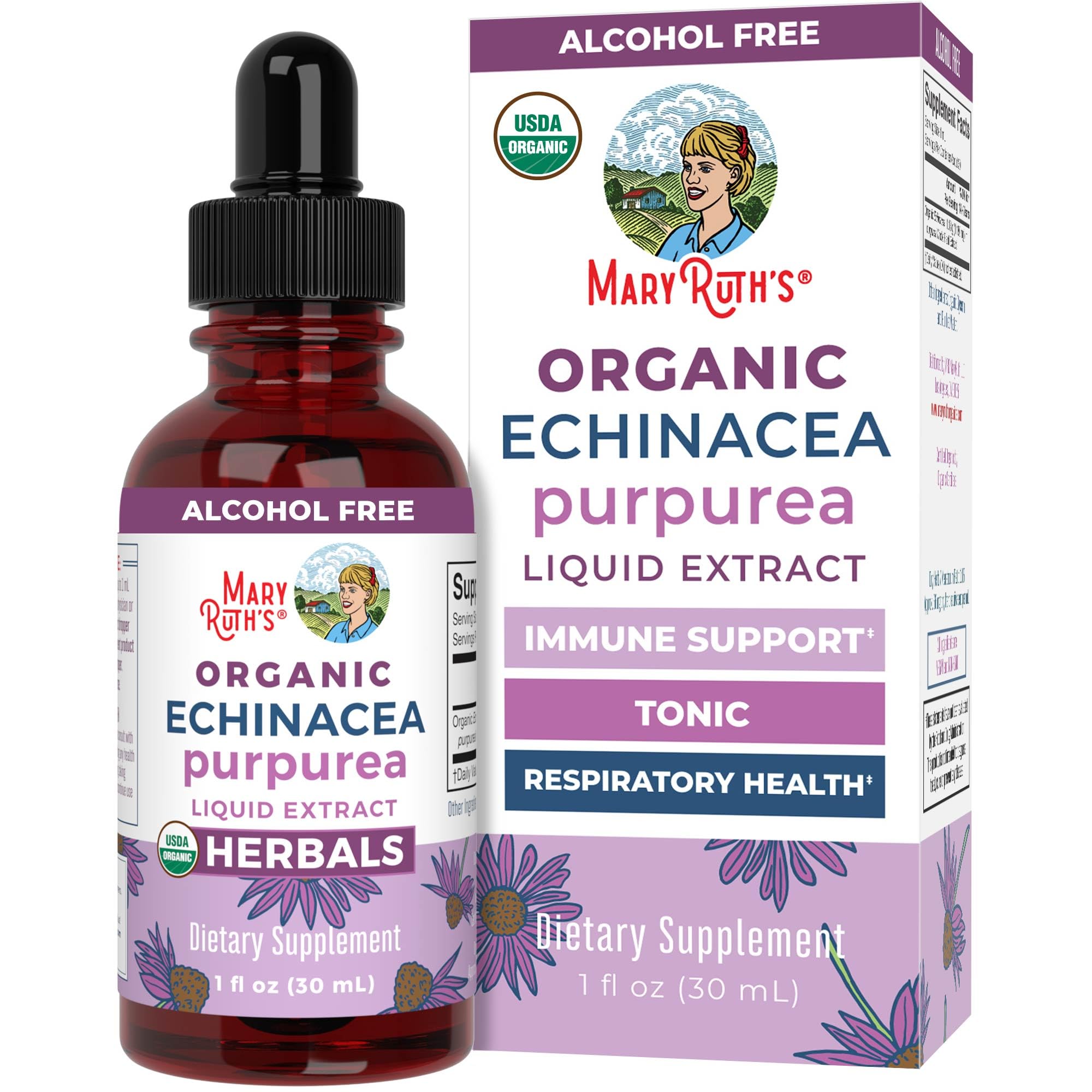 MaryRuth Organics Echinacea bottle front with USDA Organic badge for immune support.