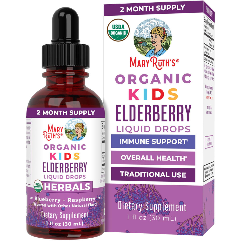 MaryRuth Organics elderberry drops for kids bottle shown for daily immune support