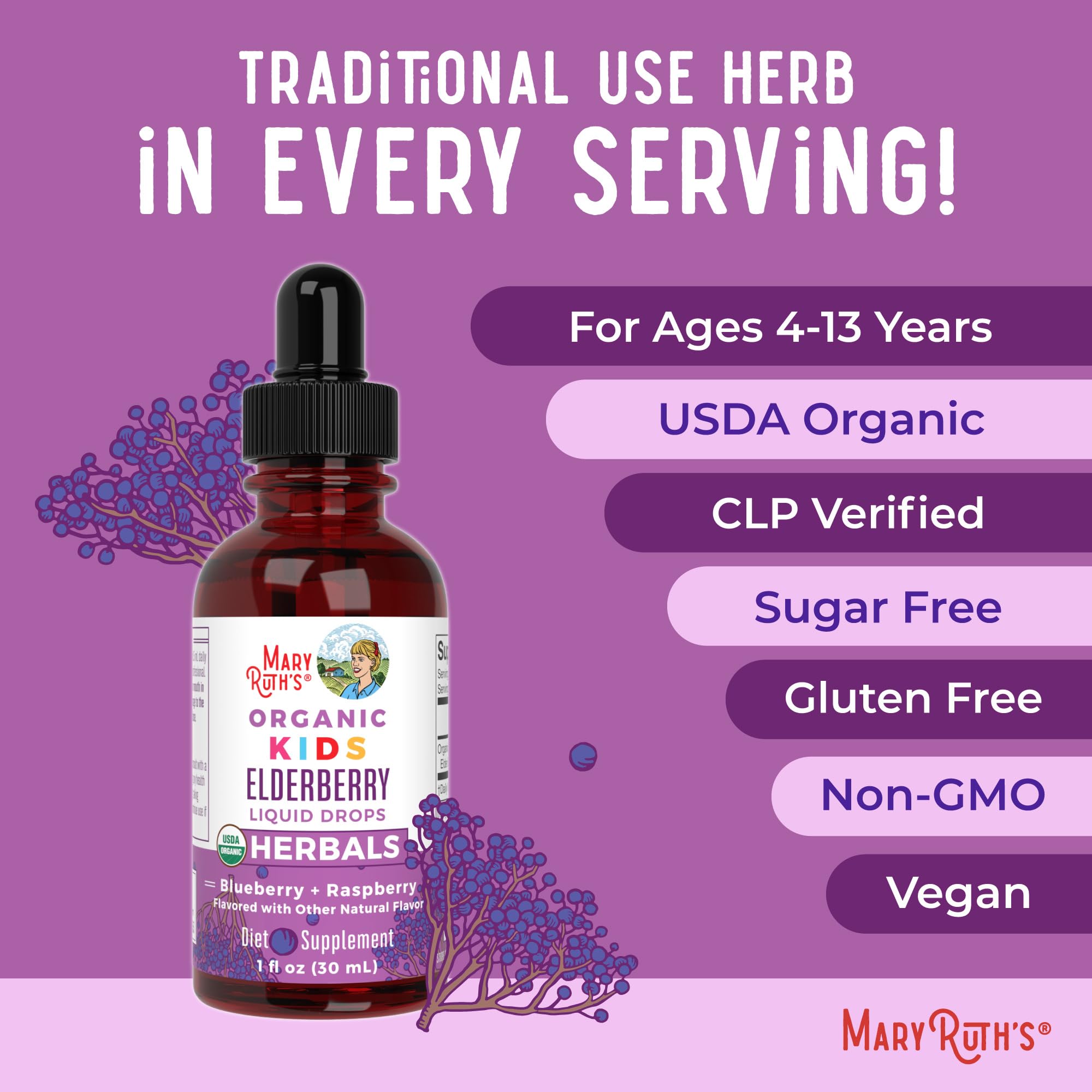 Child taking MaryRuth Organics elderberry drops directly from the dropper