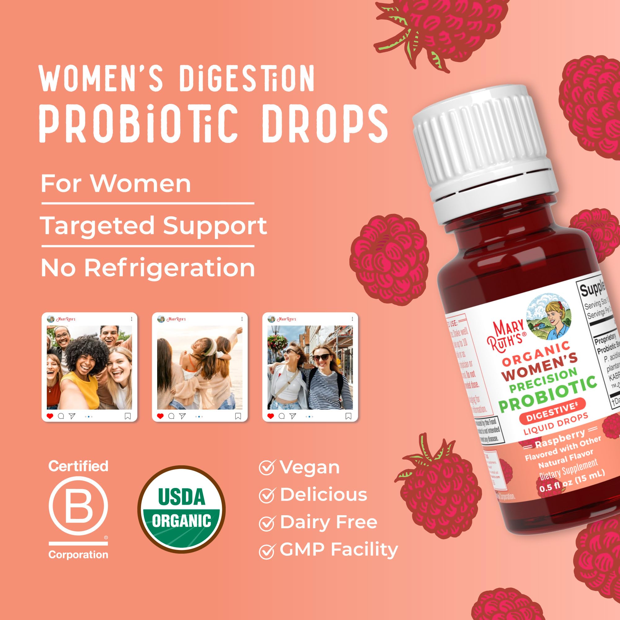 MaryRuth Organics four-strain probiotic liquid supports daily routine.