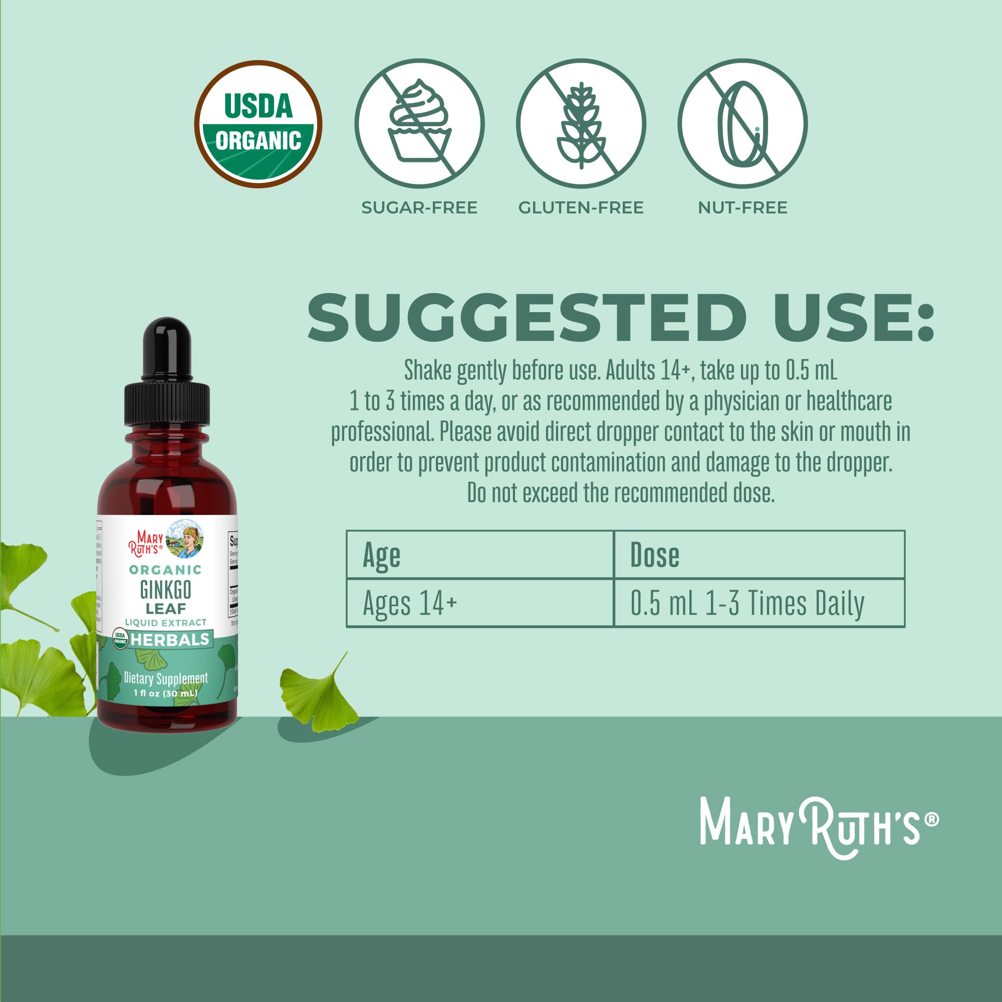 Close-up of the dropper from MaryRuth Organics Ginkgo Leaf Liquid Drops for precise dosing.