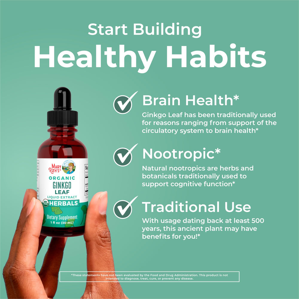MaryRuth Organics Ginkgo Leaf Liquid Drops on a kitchen counter ready for daily routine.