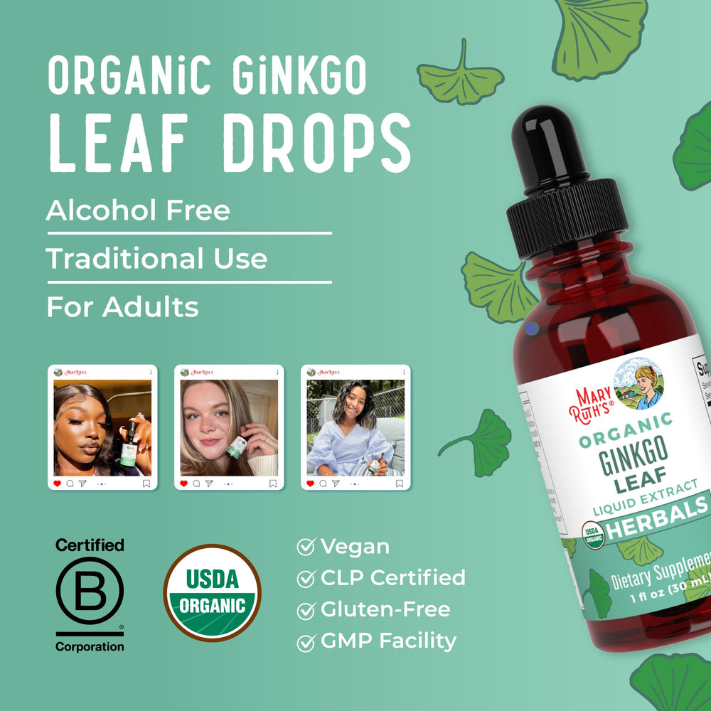MaryRuth Organics Ginkgo Leaf Liquid Drops with Non-GMO badge visible on packaging.