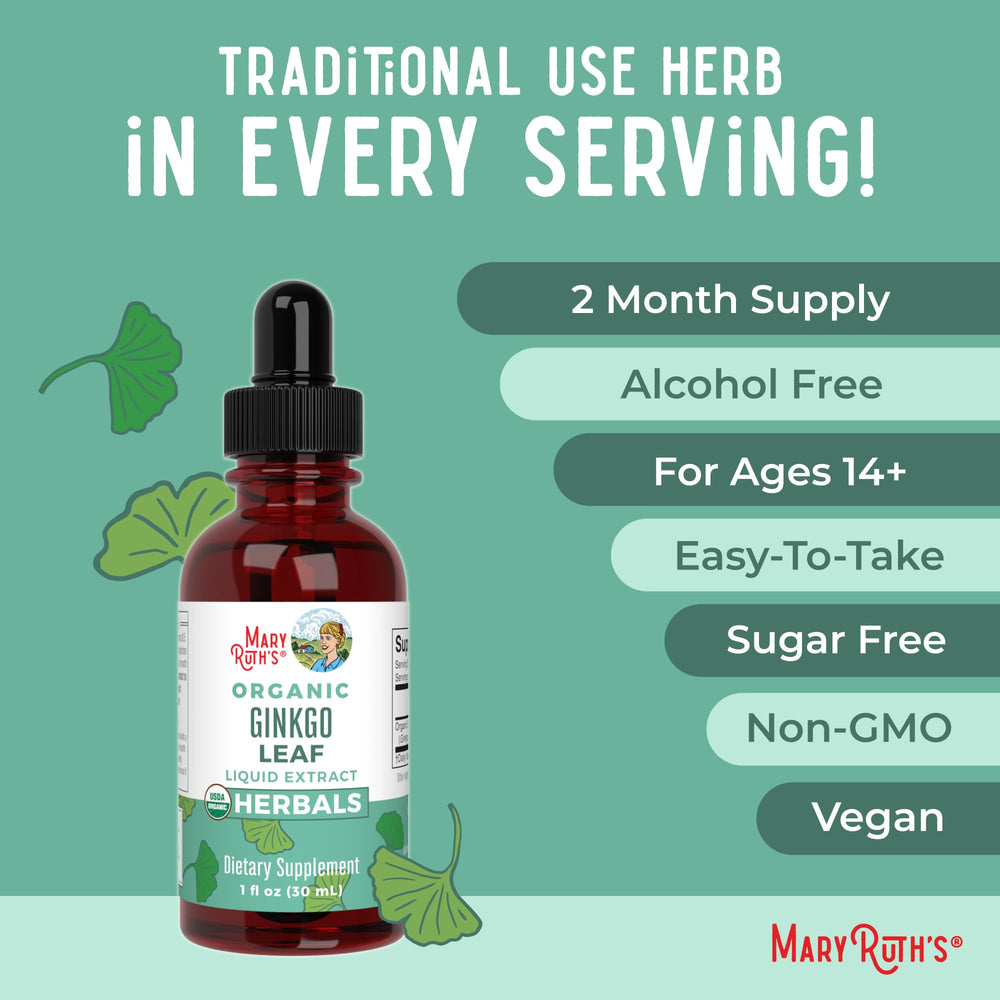 MaryRuth Organics Ginkgo Leaf Liquid Drops near the USDA Organic seal.