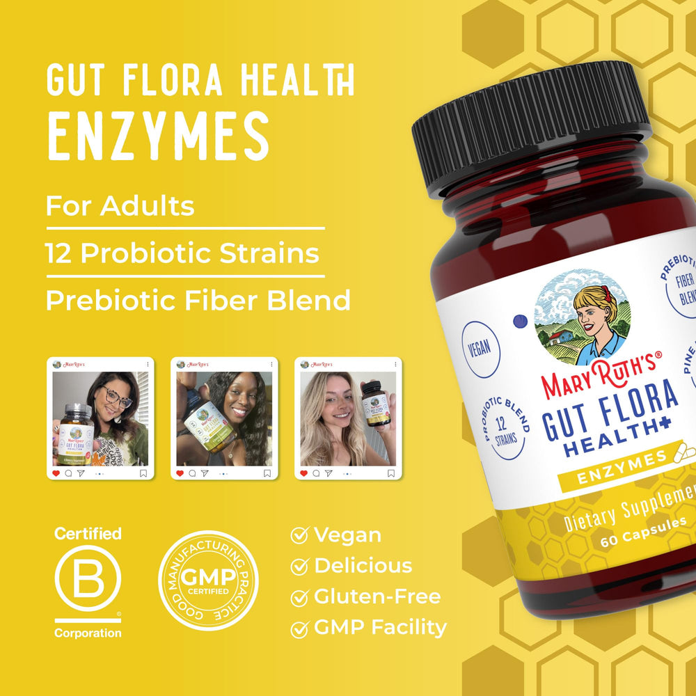Enzyme blend illustration featuring Protease, Cellulase, Chitosanase and Serrapeptase for digestion support.