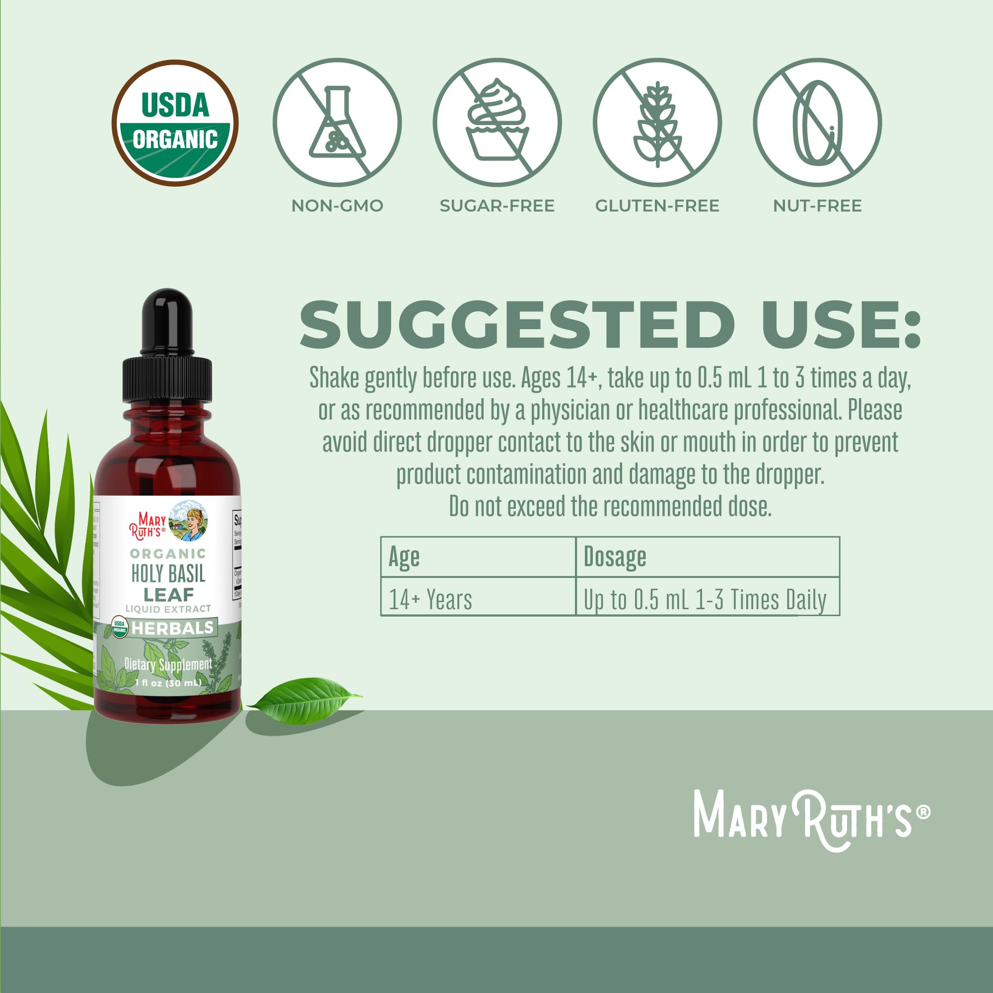MaryRuth Organics Holy Basil label closeup emphasizing vegan and non GMO formulation