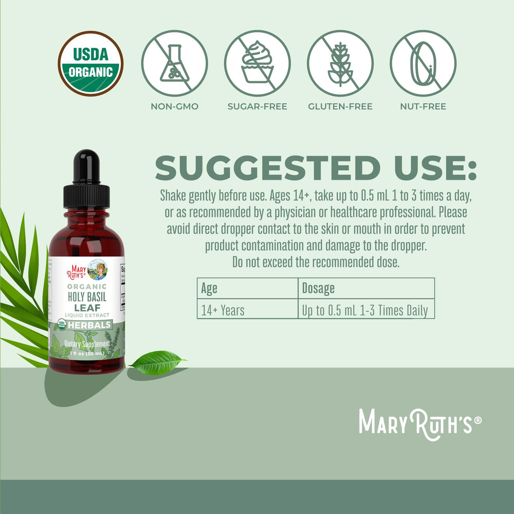 MaryRuth Organics Holy Basil label closeup emphasizing vegan and non GMO formulation