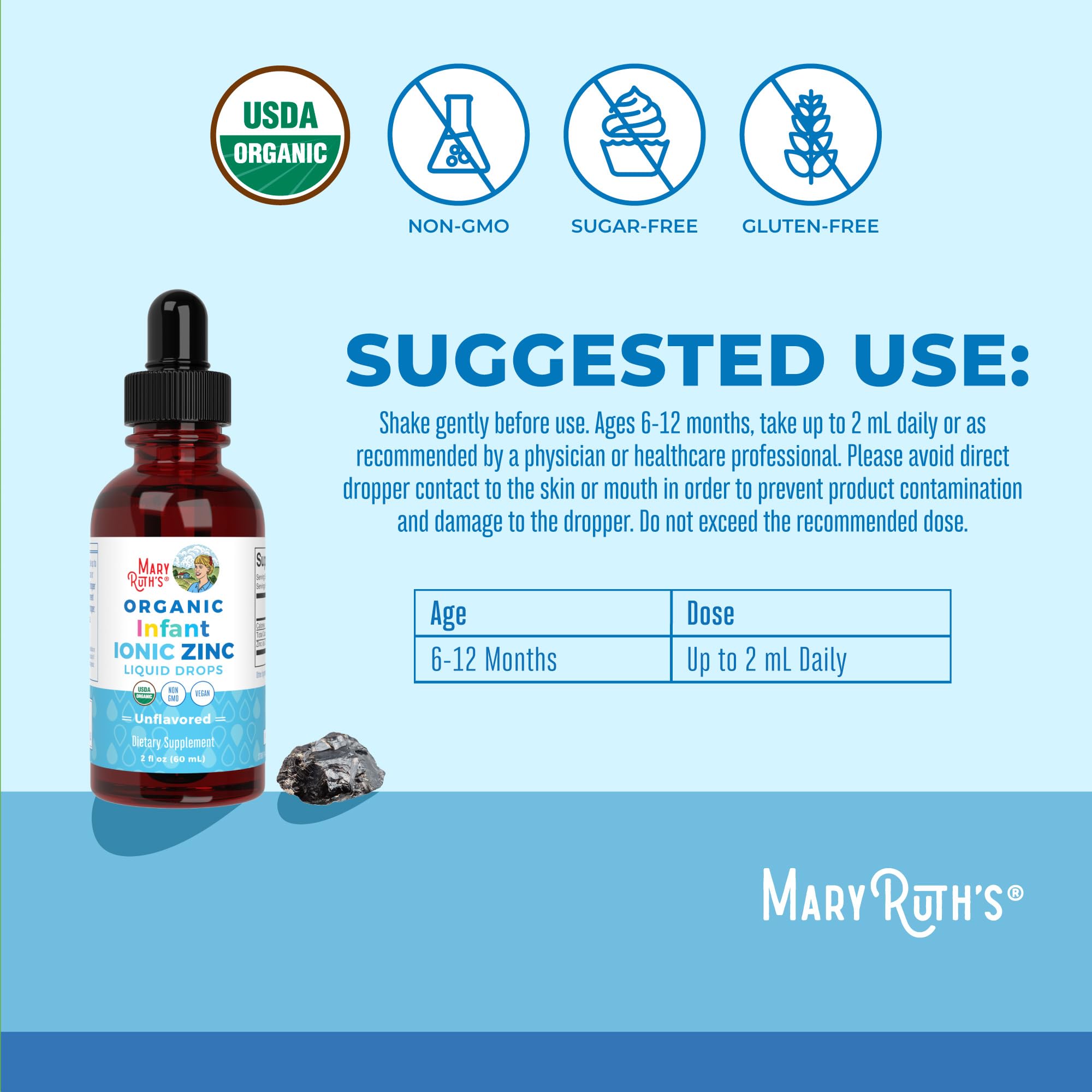 MaryRuth Organics zinc drops being added to baby food for easy intake.