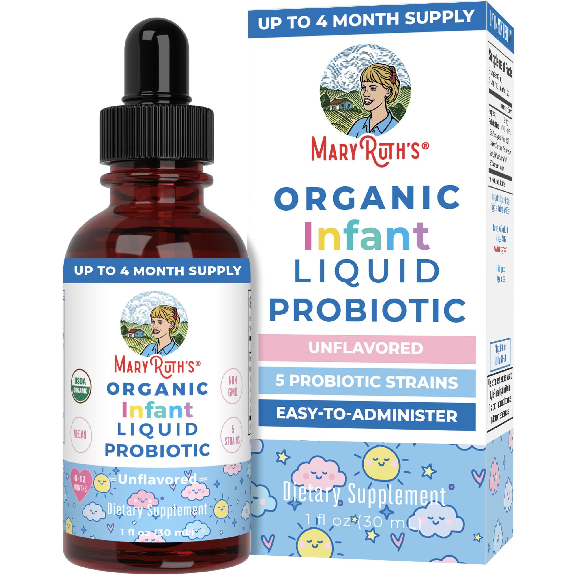 MaryRuth Organics infant probiotic drops bottle displaying USDA Organic label.