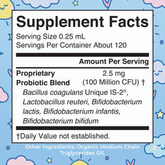 MaryRuth Organics probiotic drops dispensed into infant's mouth.