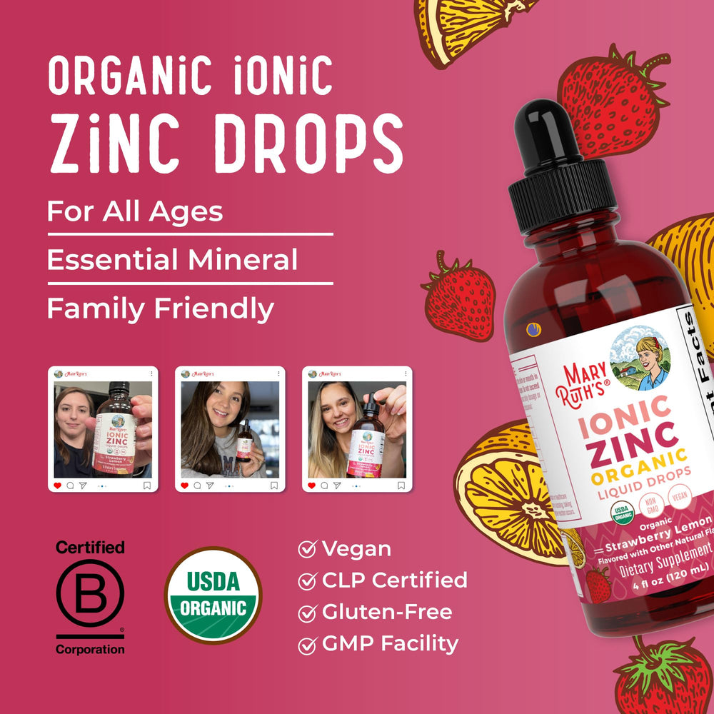 MaryRuth Organics ionic zinc bottle side view with clear label.