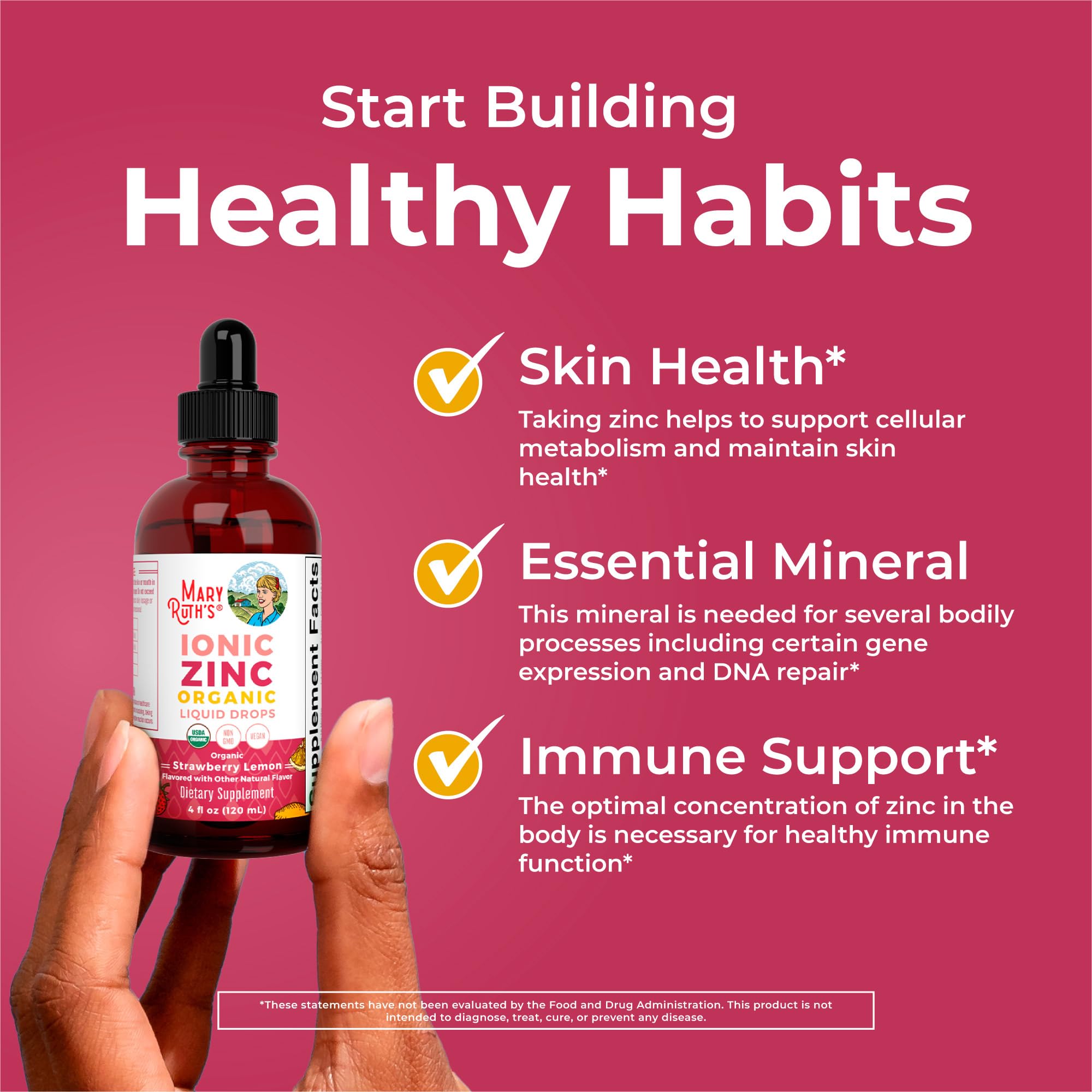 MaryRuth Organics ionic zinc ingredients list emphasizing vegan, organic components.