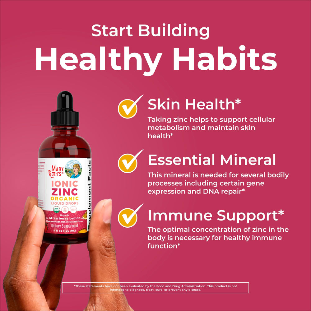 MaryRuth Organics ionic zinc ingredients list emphasizing vegan, organic components.