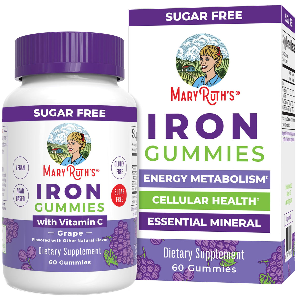 MaryRuth Organics Iron Gummies bottle front shows grape flavor and vegan formula