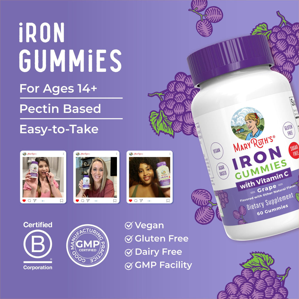MaryRuth Organics Iron Gummies dairy-free and nut-free packaging on display