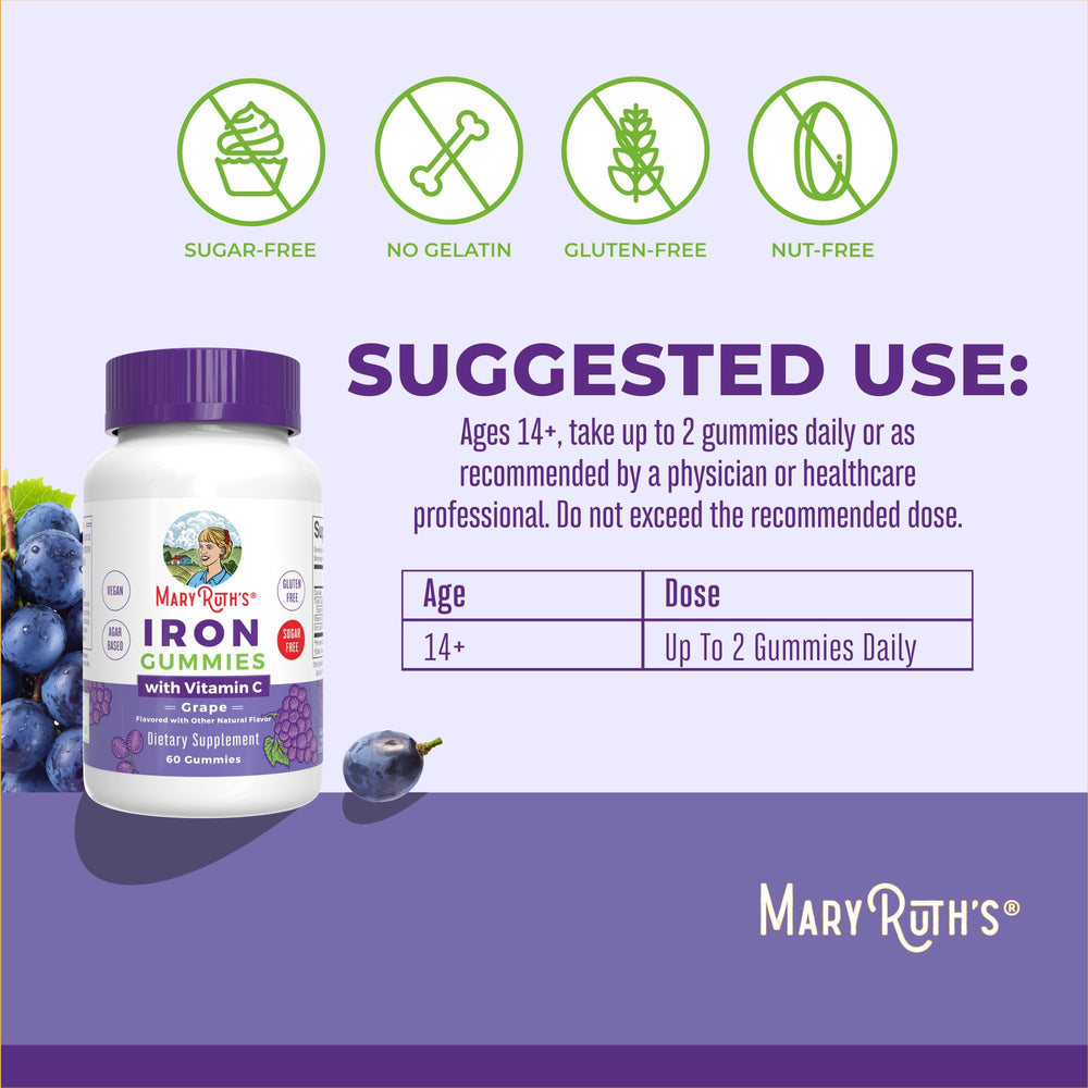 MaryRuth Organics Iron Gummies close-up emphasizes grape flavor and vegan pairing
