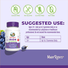 MaryRuth Organics Iron Gummies close-up emphasizes grape flavor and vegan pairing