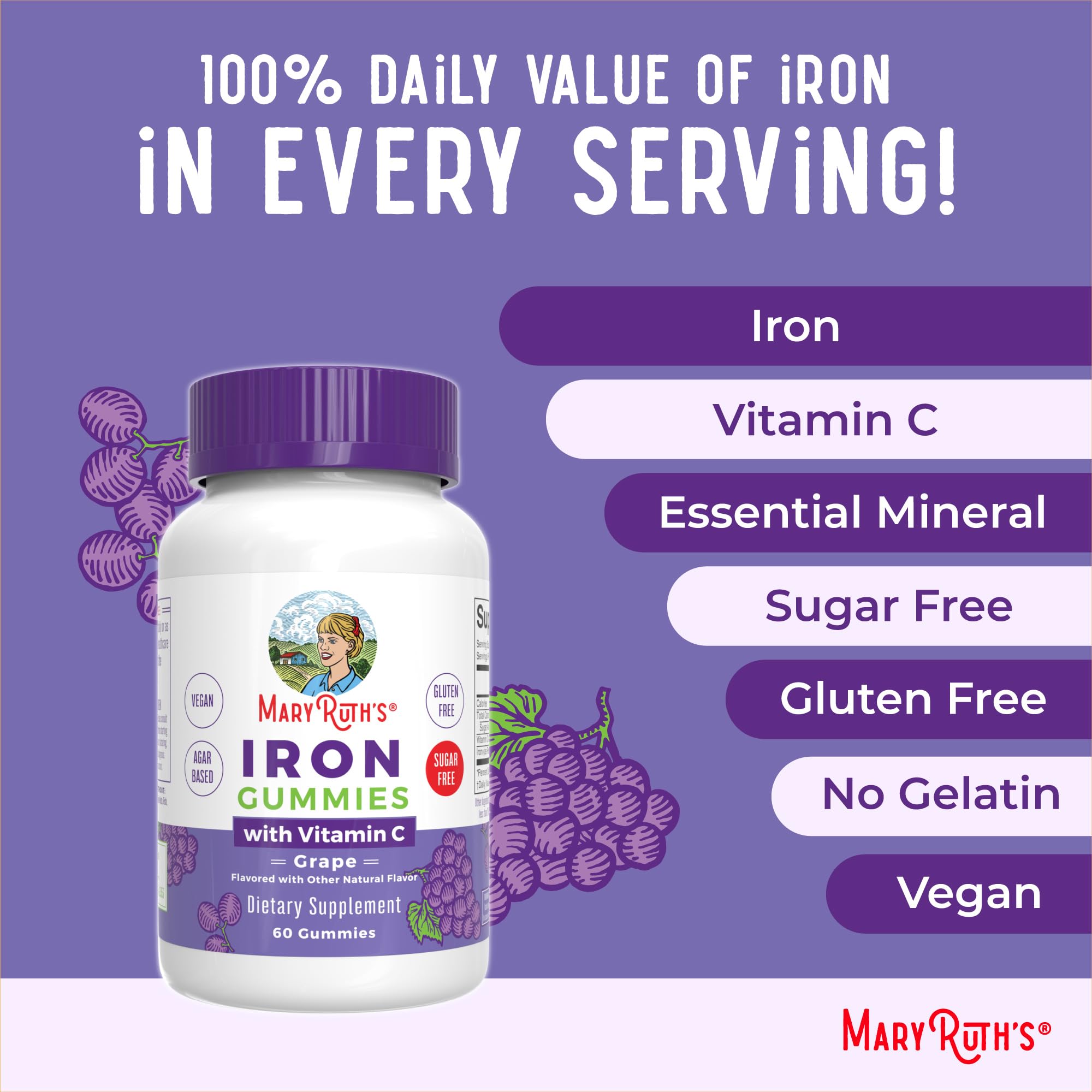 MaryRuth Organics Iron Gummies non-GMO badge communicates quality